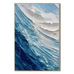 Ownanart Original Hand-Painted Blue and White Ocean Wave Textured Oil Painting, Vertical Coastal Impasto Canvas Wall Art for Modern Living Room and Bedroom Decor # OA 1222