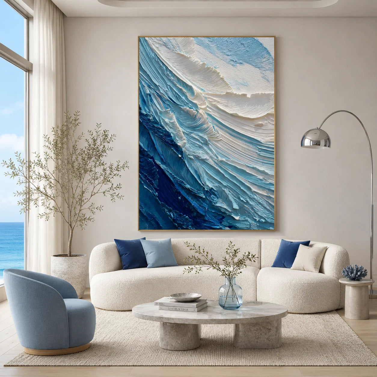 Ownanart Original Hand-Painted Blue and White Ocean Wave Textured Oil Painting, Vertical Coastal Impasto Canvas Wall Art for Modern Living Room and Bedroom Decor # OA 1222