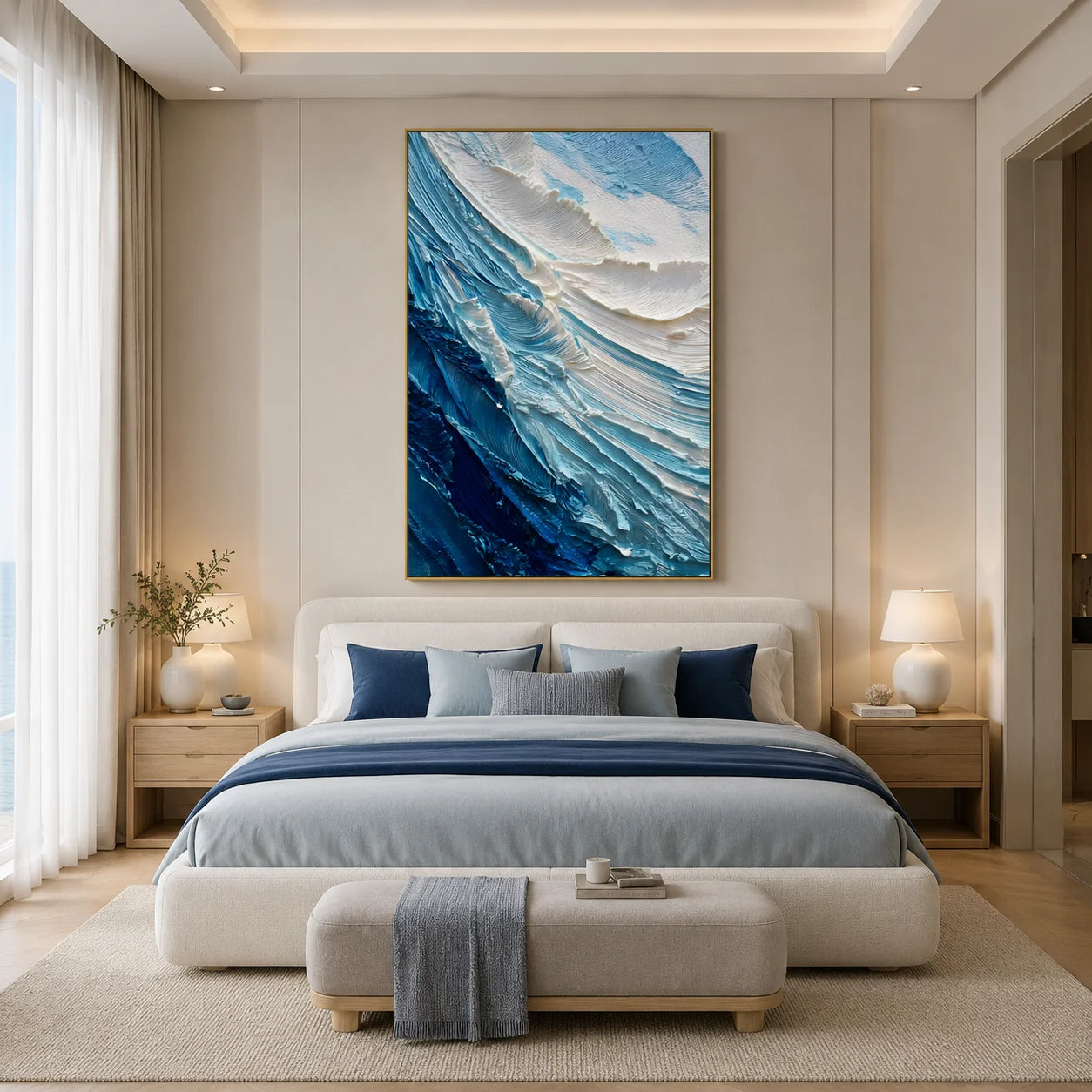 Ownanart Original Hand-Painted Blue and White Ocean Wave Textured Oil Painting, Vertical Coastal Impasto Canvas Wall Art for Modern Living Room and Bedroom Decor # OA 1222