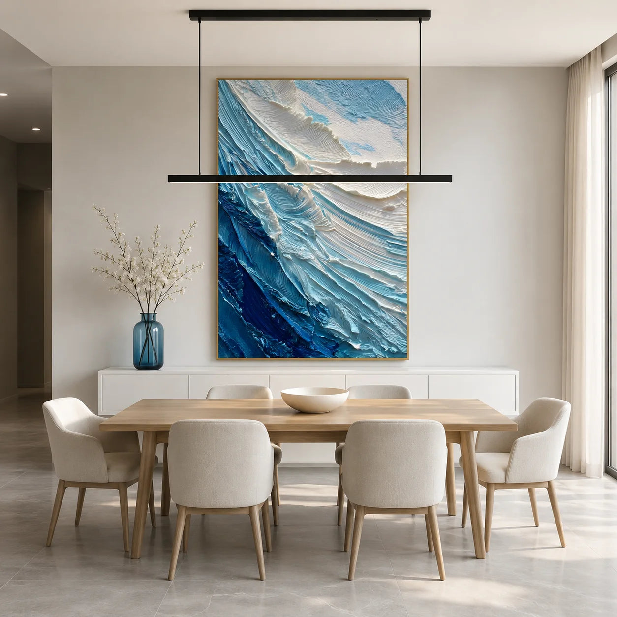 Ownanart Original Hand-Painted Blue and White Ocean Wave Textured Oil Painting, Vertical Coastal Impasto Canvas Wall Art for Modern Living Room and Bedroom Decor # OA 1222