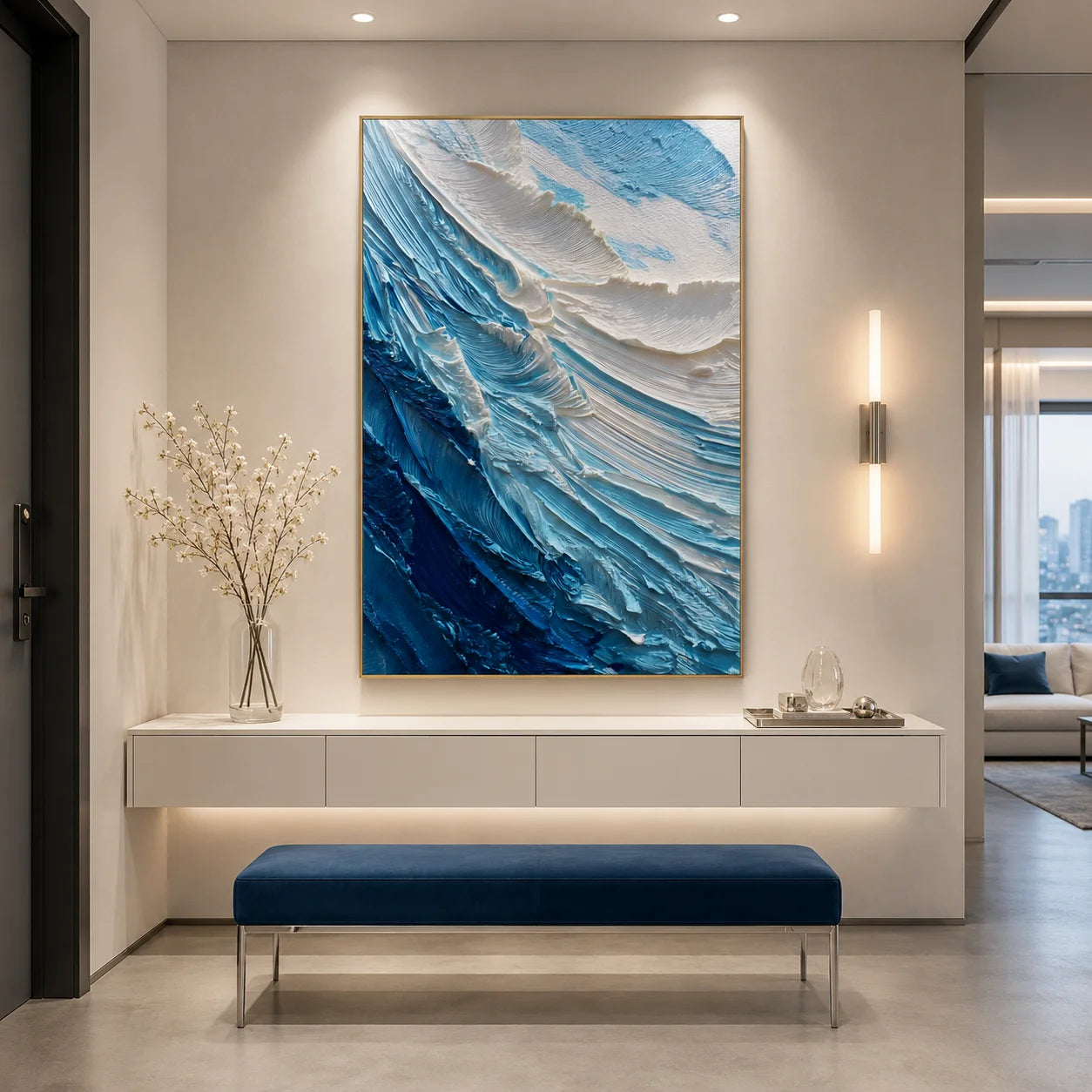 Ownanart Original Hand-Painted Blue and White Ocean Wave Textured Oil Painting, Vertical Coastal Impasto Canvas Wall Art for Modern Living Room and Bedroom Decor # OA 1222