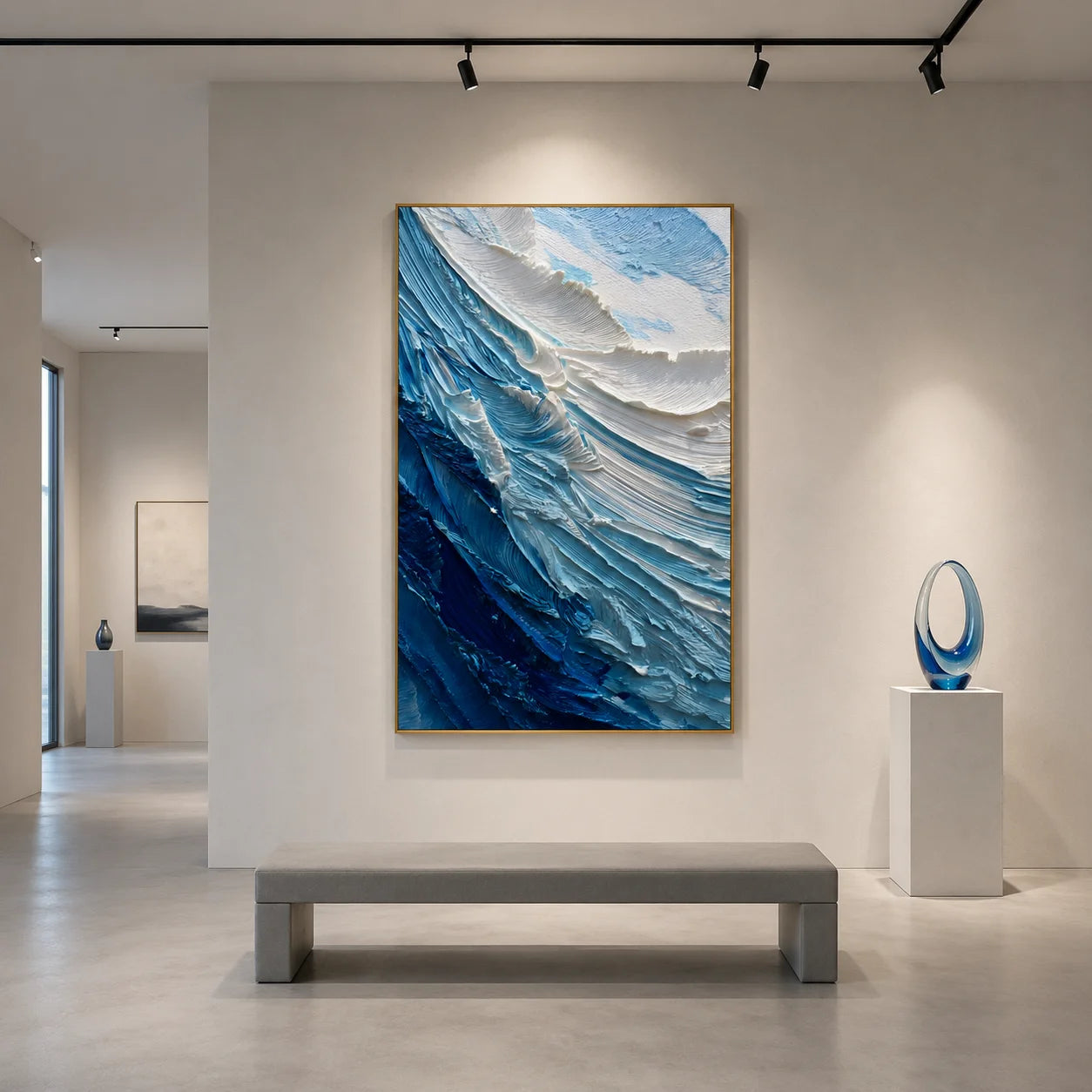 Ownanart Original Hand-Painted Blue and White Ocean Wave Textured Oil Painting, Vertical Coastal Impasto Canvas Wall Art for Modern Living Room and Bedroom Decor # OA 1222