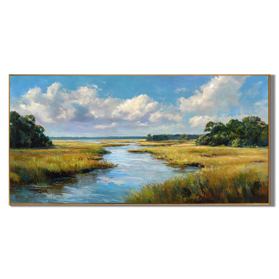 Ownanart Original Hand-Painted Coastal Marsh Landscape Oil Painting, Large Horizontal Blue Sky, River and Wetland Canvas Wall Art for Living Room and Bedroom Decor # OA 1239
