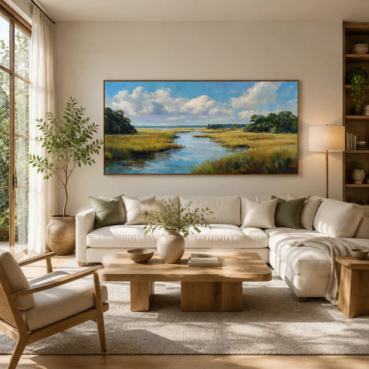 Ownanart Original Hand-Painted Coastal Marsh Landscape Oil Painting, Large Horizontal Blue Sky, River and Wetland Canvas Wall Art for Living Room and Bedroom Decor # OA 1239