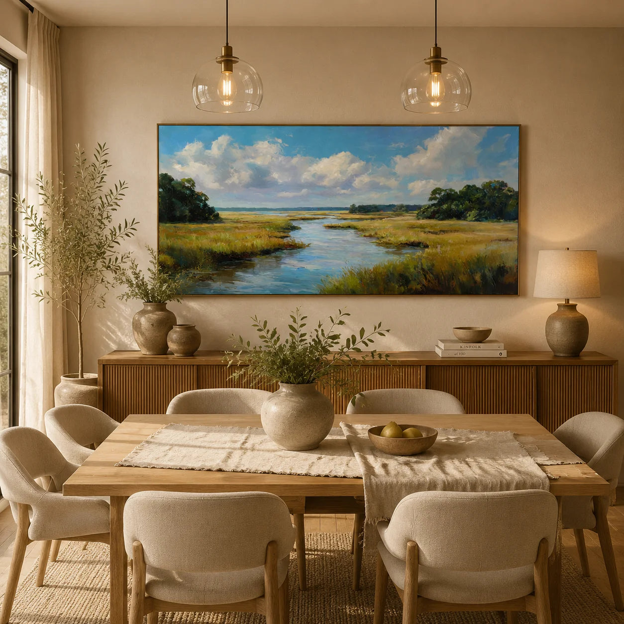 Ownanart Original Hand-Painted Coastal Marsh Landscape Oil Painting, Large Horizontal Blue Sky, River and Wetland Canvas Wall Art for Living Room and Bedroom Decor # OA 1239
