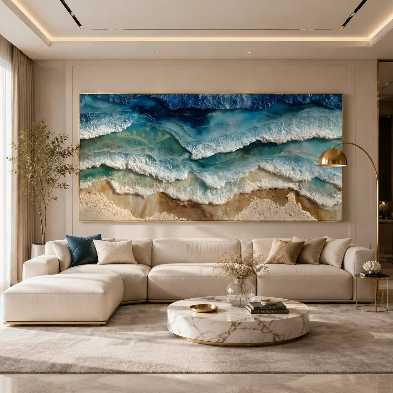 Ownanart Original Hand-Painted Coastal Ocean Wave Oil Painting, Large Horizontal Blue Seascape Textured Canvas Wall Art for Living Room, Bedroom and Beach House Decor # OA 1233