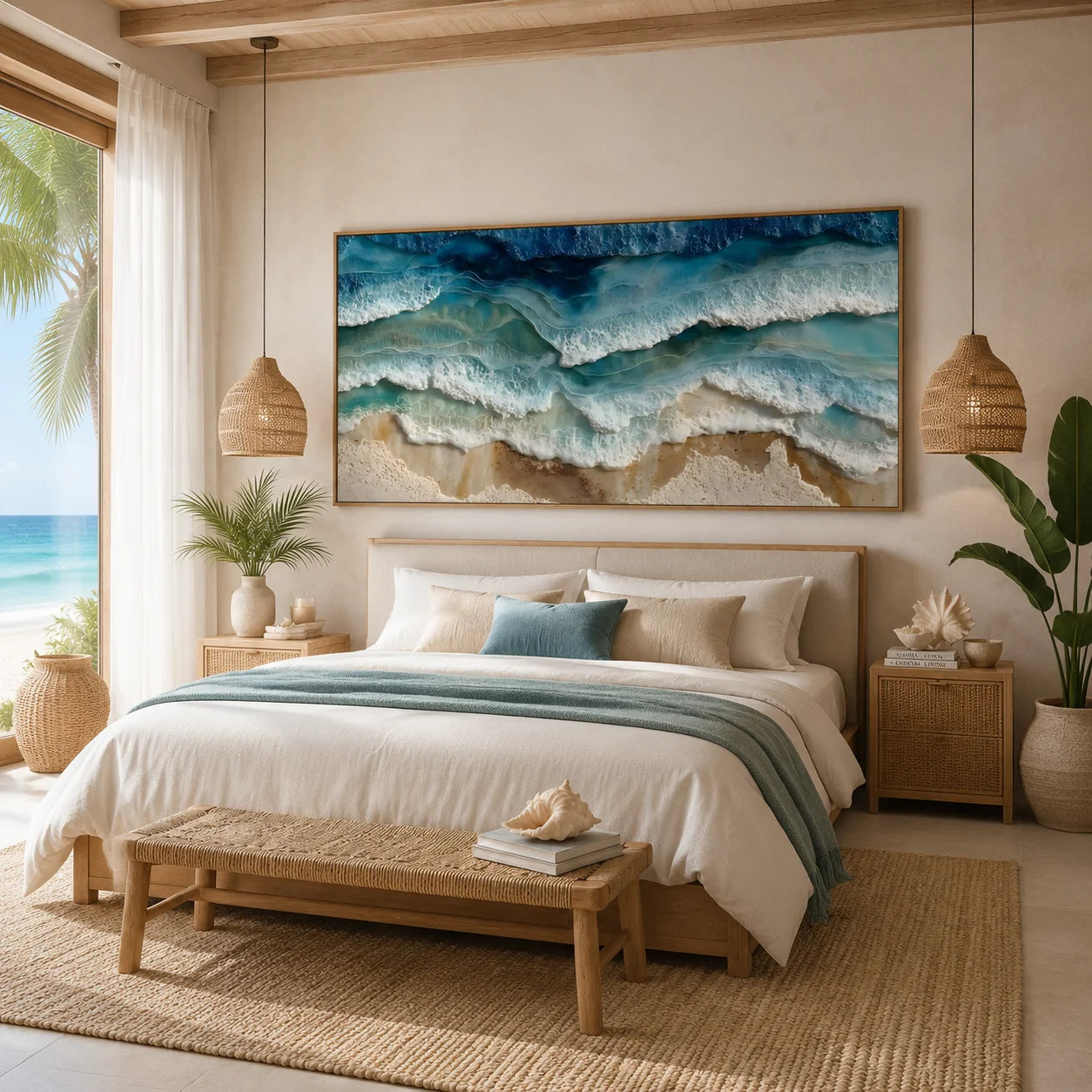 Ownanart Original Hand-Painted Coastal Ocean Wave Oil Painting, Large Horizontal Blue Seascape Textured Canvas Wall Art for Living Room, Bedroom and Beach House Decor # OA 1233