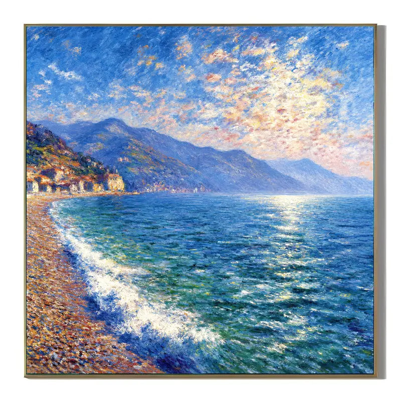 Ownanart Original Hand-Painted Coastal Seascape Oil Painting, Blue Ocean, Mountain Shoreline and Seaside Village Canvas Wall Art for Living Room, Bedroom and Coastal Home Decor  # OA 1383