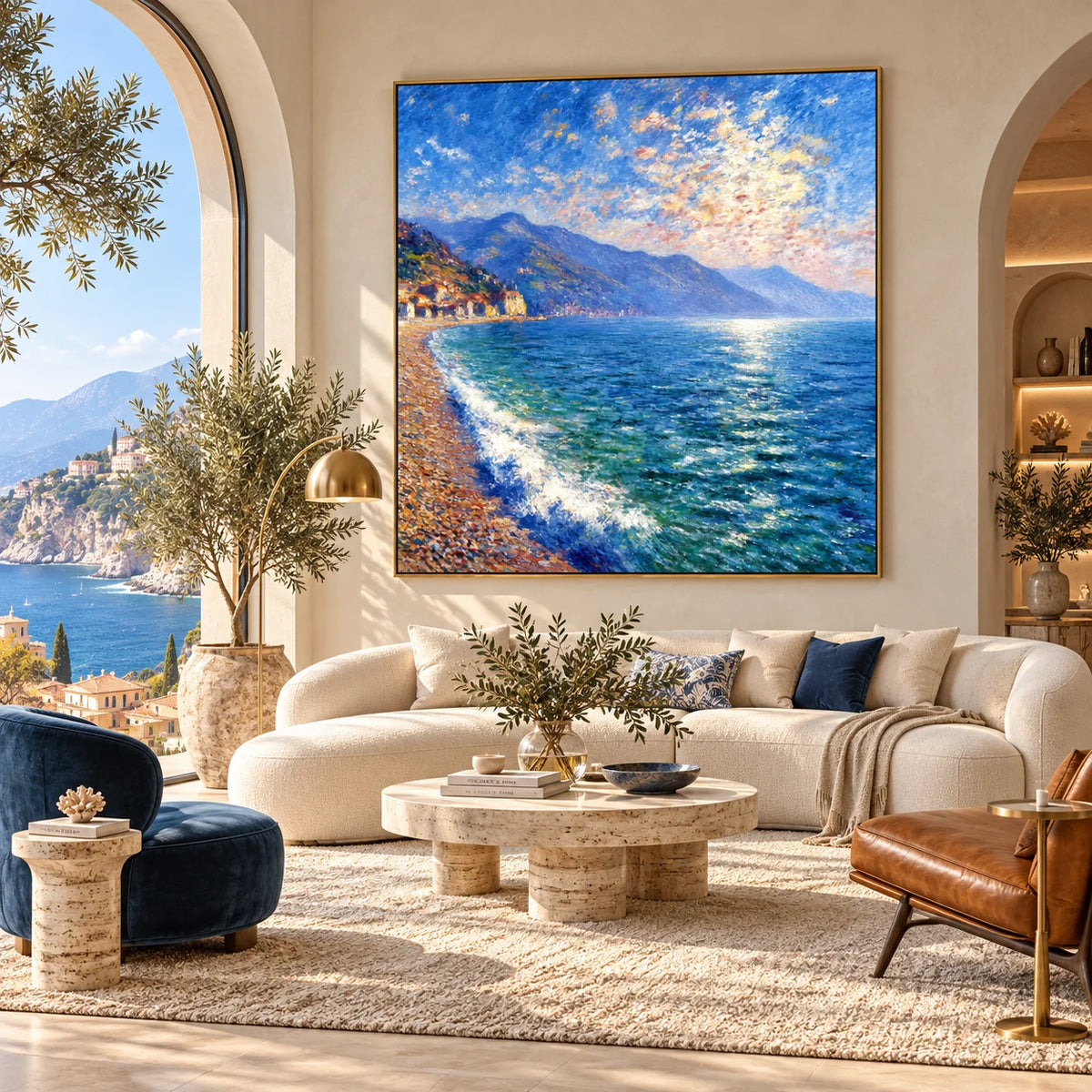 Ownanart Original Hand-Painted Coastal Seascape Oil Painting, Blue Ocean, Mountain Shoreline and Seaside Village Canvas Wall Art for Living Room, Bedroom and Coastal Home Decor  # OA 1383