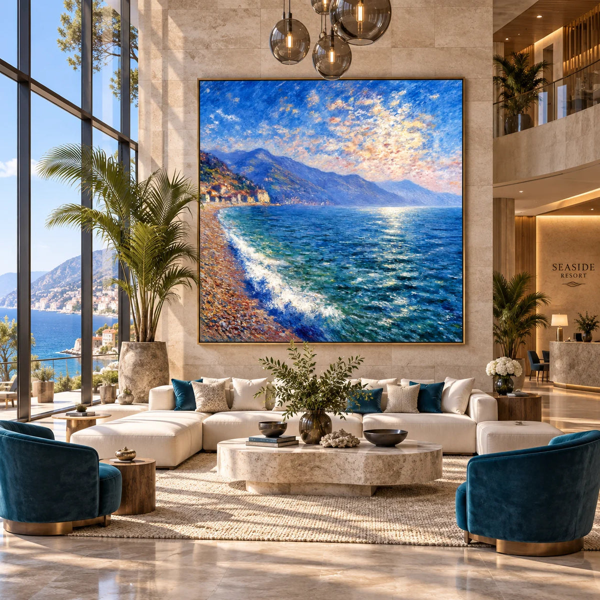 Ownanart Original Hand-Painted Coastal Seascape Oil Painting, Blue Ocean, Mountain Shoreline and Seaside Village Canvas Wall Art for Living Room, Bedroom and Coastal Home Decor  # OA 1383