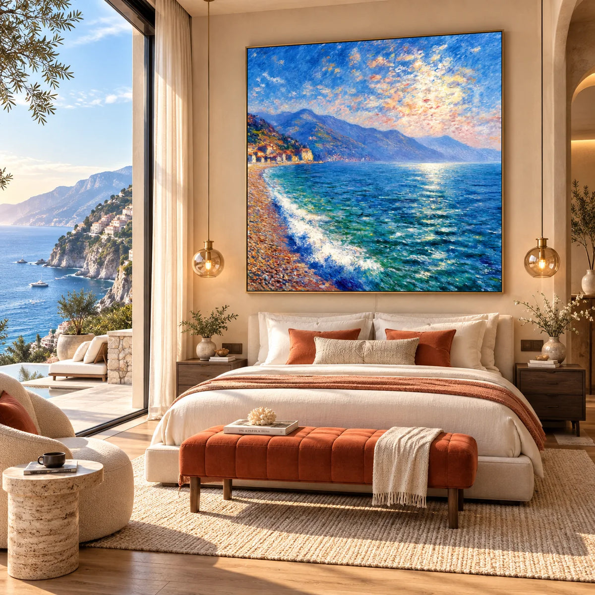 Ownanart Original Hand-Painted Coastal Seascape Oil Painting, Blue Ocean, Mountain Shoreline and Seaside Village Canvas Wall Art for Living Room, Bedroom and Coastal Home Decor  # OA 1383