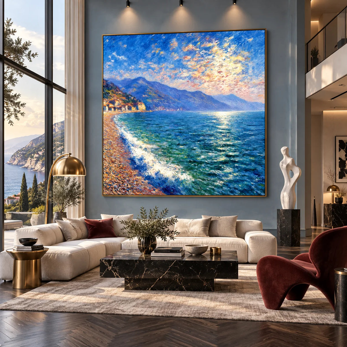 Ownanart Original Hand-Painted Coastal Seascape Oil Painting, Blue Ocean, Mountain Shoreline and Seaside Village Canvas Wall Art for Living Room, Bedroom and Coastal Home Decor  # OA 1383