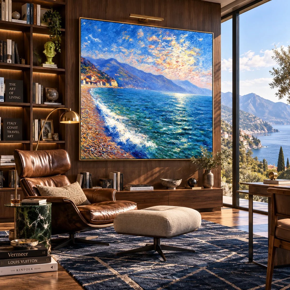 Ownanart Original Hand-Painted Coastal Seascape Oil Painting, Blue Ocean, Mountain Shoreline and Seaside Village Canvas Wall Art for Living Room, Bedroom and Coastal Home Decor  # OA 1383