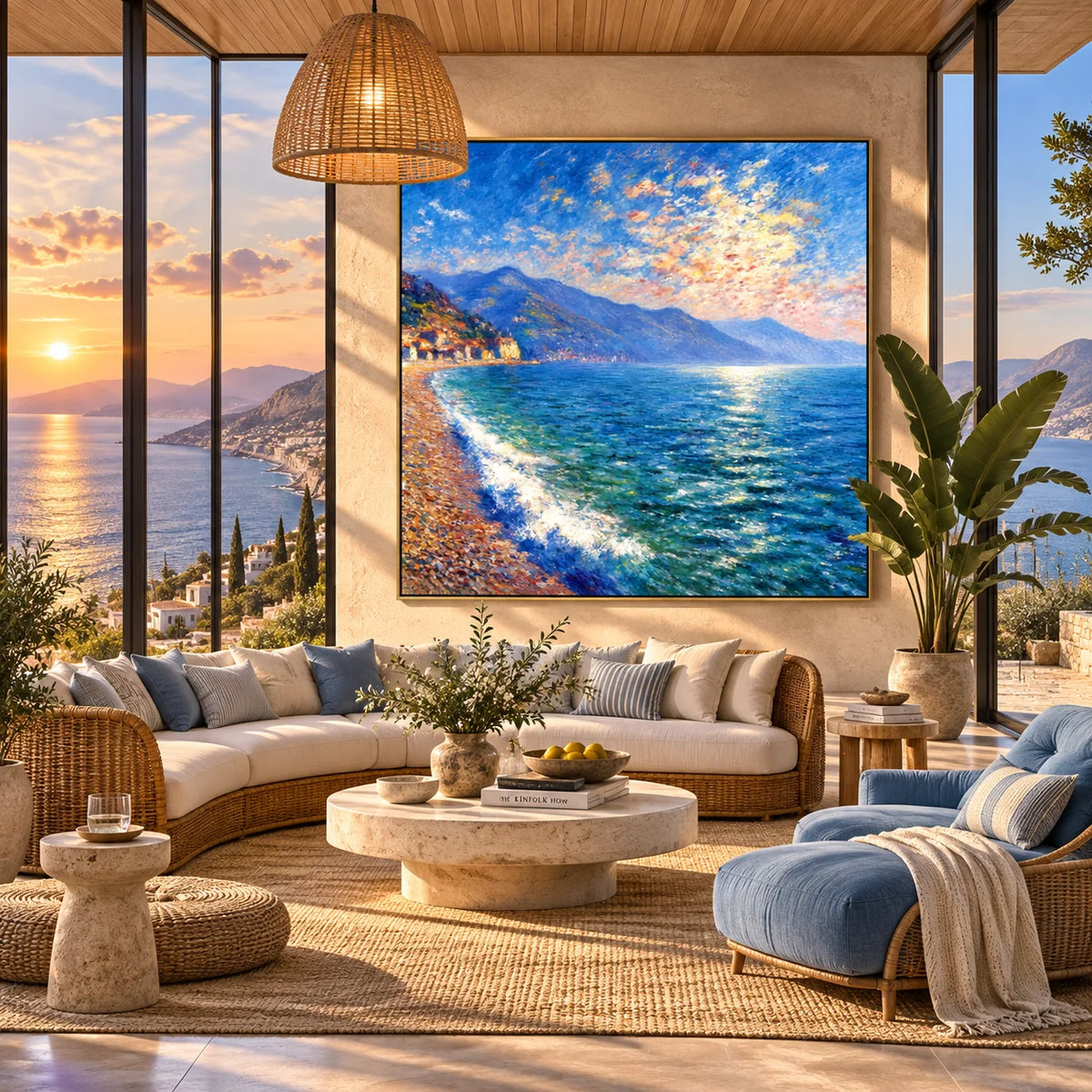 Ownanart Original Hand-Painted Coastal Seascape Oil Painting, Blue Ocean, Mountain Shoreline and Seaside Village Canvas Wall Art for Living Room, Bedroom and Coastal Home Decor  # OA 1383