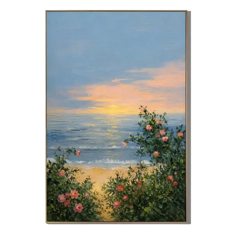 Ownanart Original Hand-Painted Coastal Sunset Oil Painting, Blooming Roses by the Sea and Soft Ocean Landscape Canvas Wall Art for Living Room, Bedroom and Romantic Home Decor # OA 1363