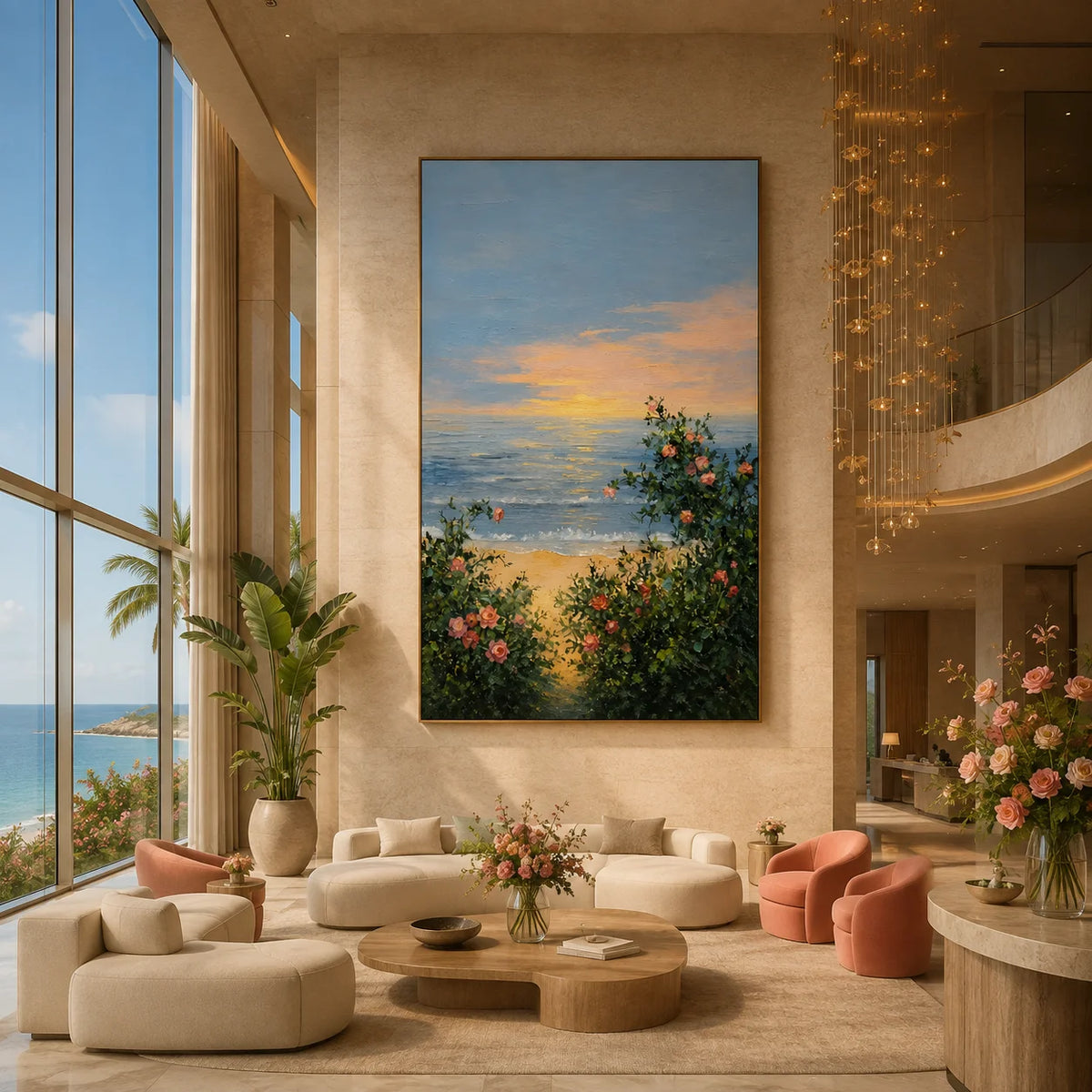 Ownanart Original Hand-Painted Coastal Sunset Oil Painting, Blooming Roses by the Sea and Soft Ocean Landscape Canvas Wall Art for Living Room, Bedroom and Romantic Home Decor # OA 1363