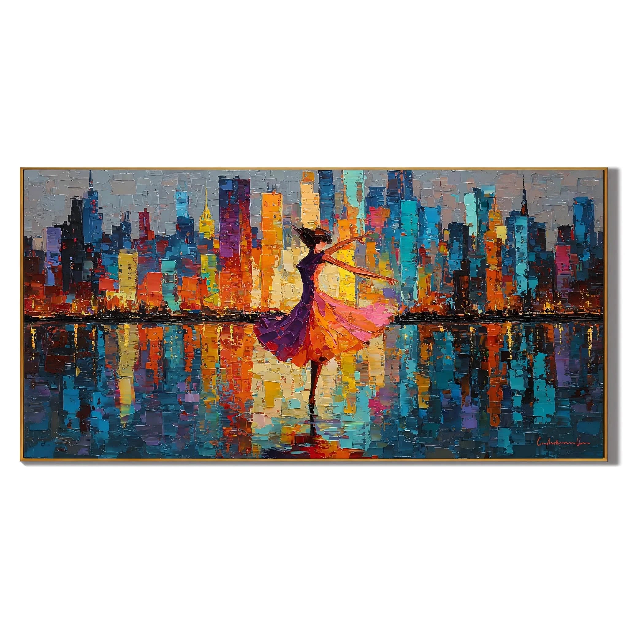 Ownanart Original Hand-Painted Colorful City Skyline and Dancing Woman Oil Painting, Large Horizontal Modern Urban Abstract Canvas Wall Art for Living Room and Bedroom Decor # OA 1235