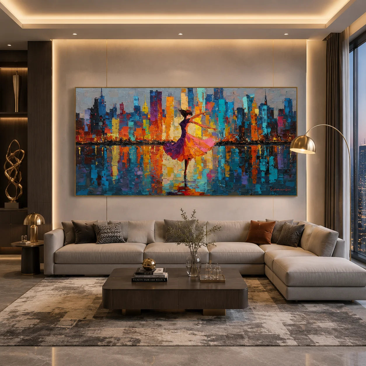 Ownanart Original Hand-Painted Colorful City Skyline and Dancing Woman Oil Painting, Large Horizontal Modern Urban Abstract Canvas Wall Art for Living Room and Bedroom Decor # OA 1235