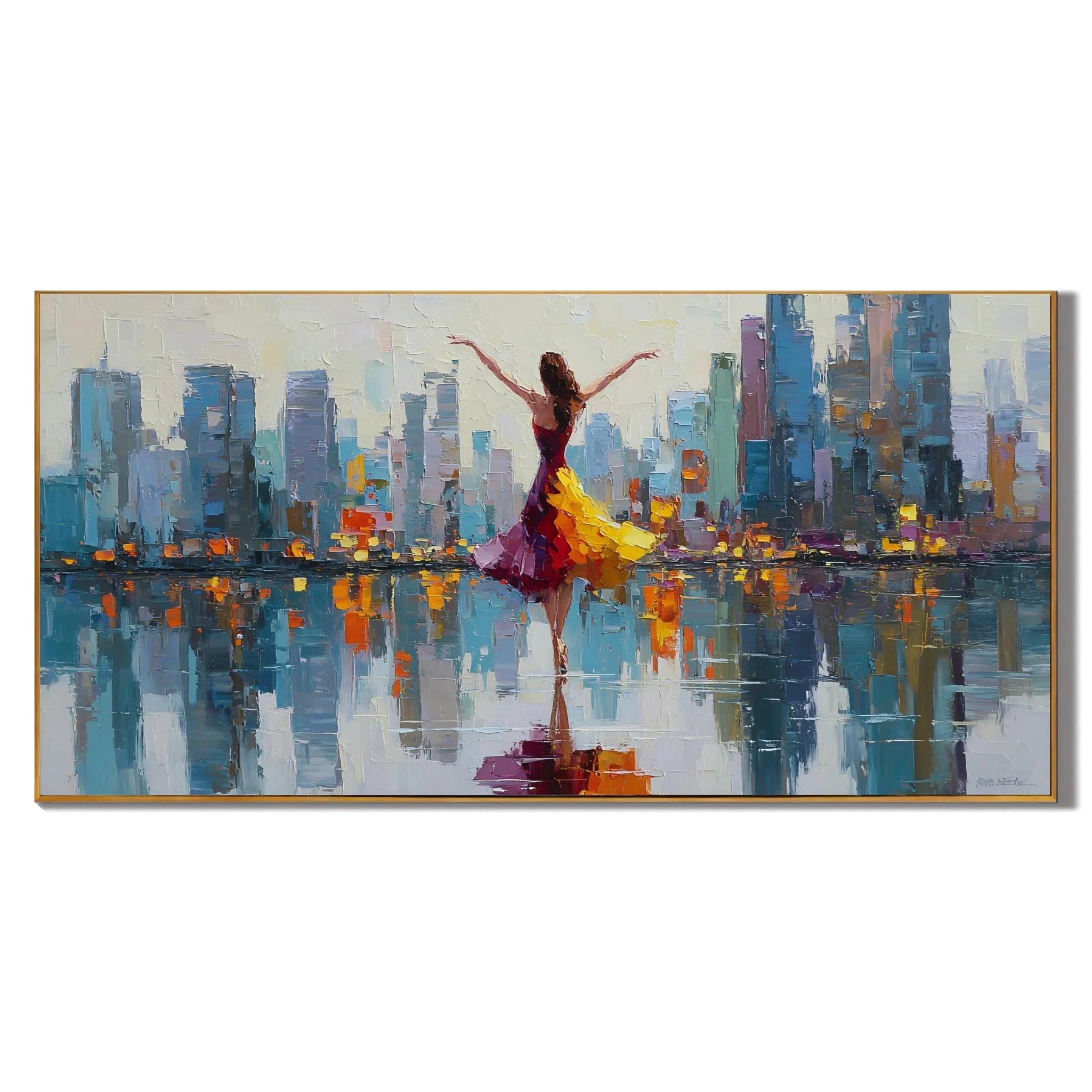 Ownanart Original Hand-Painted Colorful City Skyline and Elegant Dancing Woman Oil Painting, Large Horizontal Modern Urban Canvas Wall Art for Living Room, Bedroom and Contemporary Home Decor # OA 1240