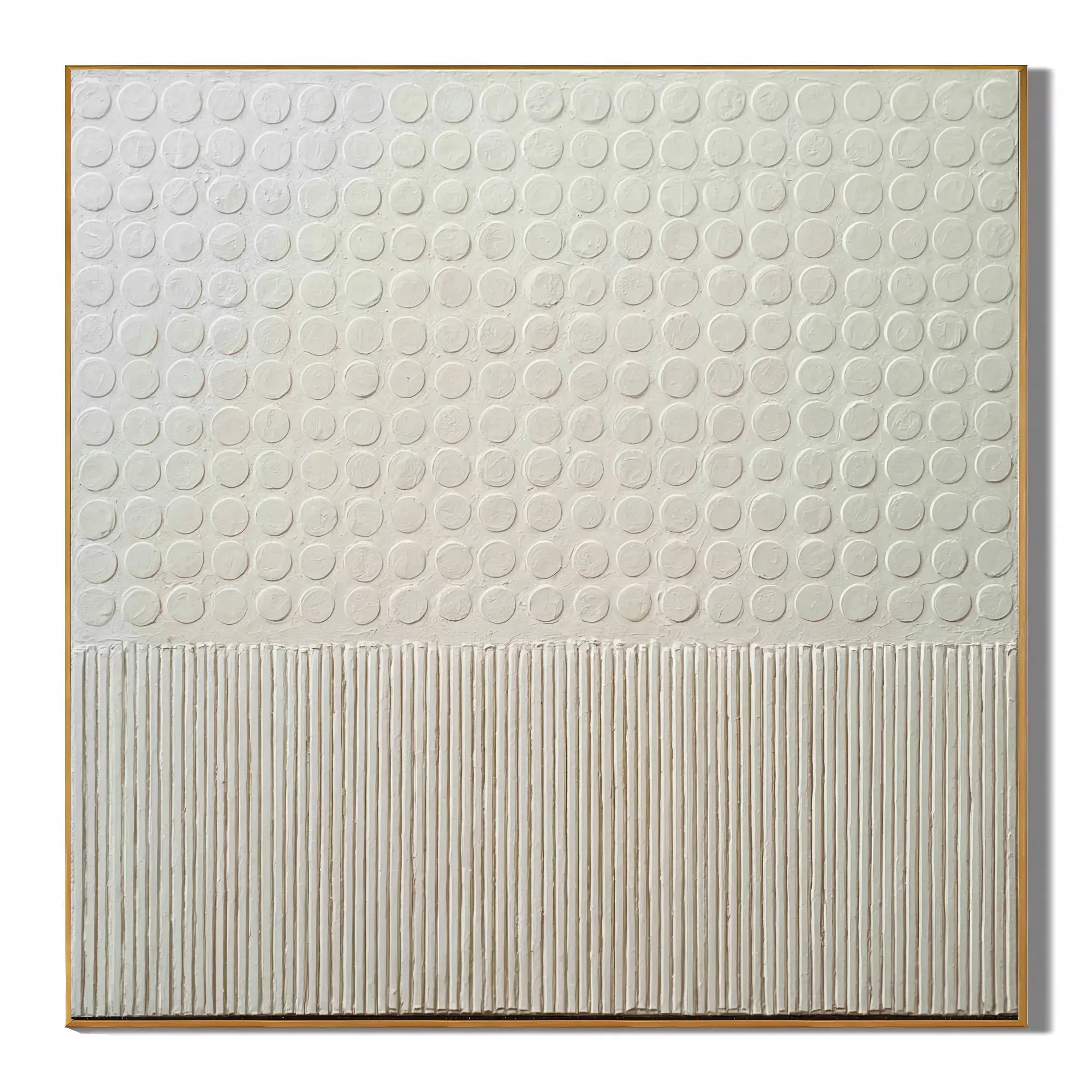 Ownanart Original Hand-Painted Cream White Geometric Textured Oil Painting, Minimalist Raised Dots and Vertical Lines Abstract Wall Art for Modern Home Decor  # OA 1271