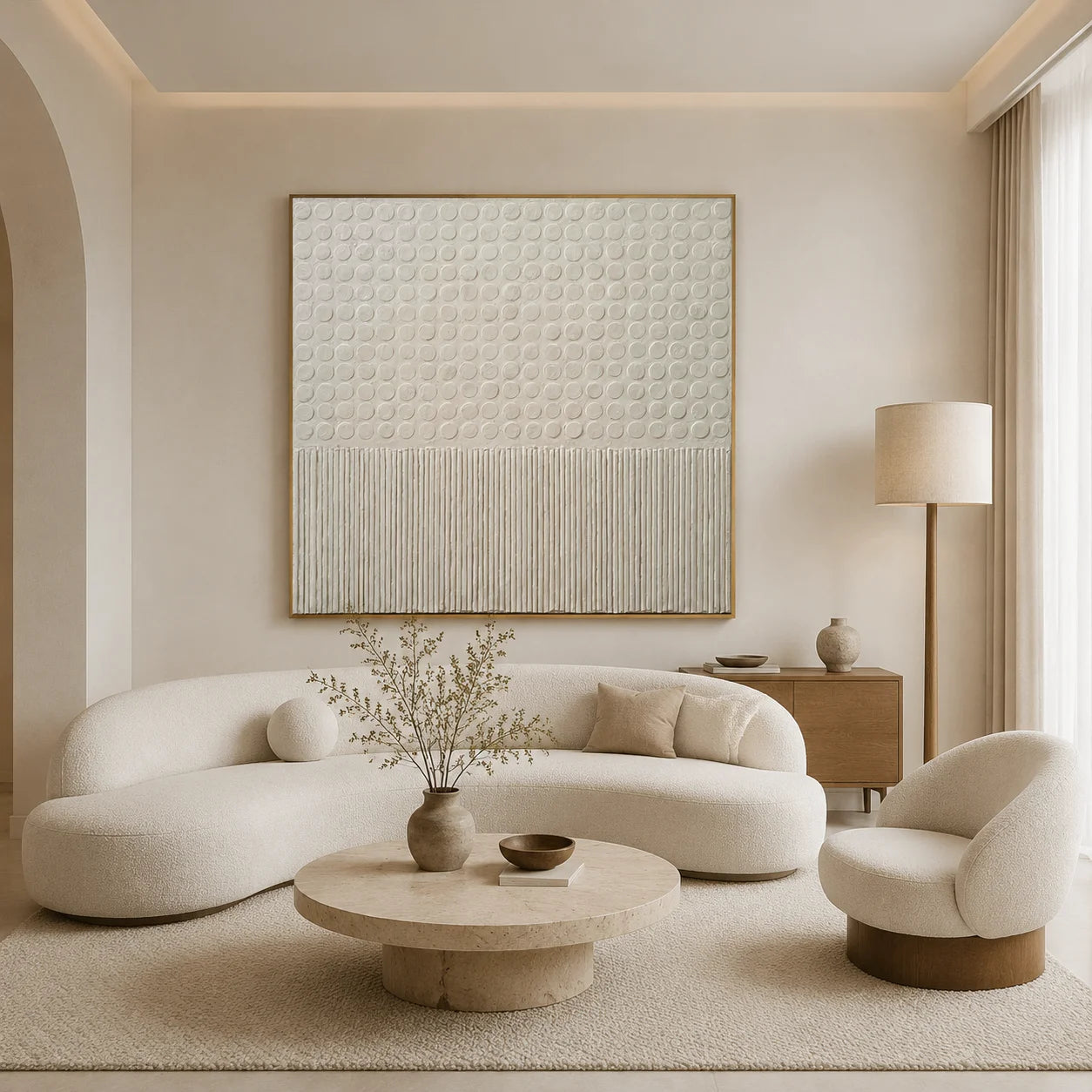 Ownanart Original Hand-Painted Cream White Geometric Textured Oil Painting, Minimalist Raised Dots and Vertical Lines Abstract Wall Art for Modern Home Decor  # OA 1271