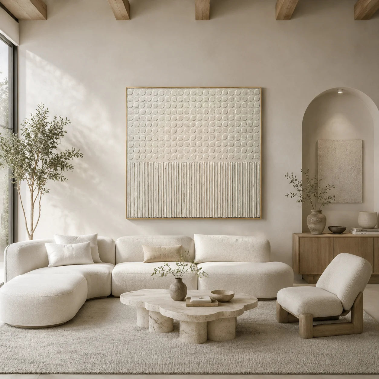 Ownanart Original Hand-Painted Cream White Geometric Textured Oil Painting, Minimalist Raised Dots and Vertical Lines Abstract Wall Art for Modern Home Decor  # OA 1271