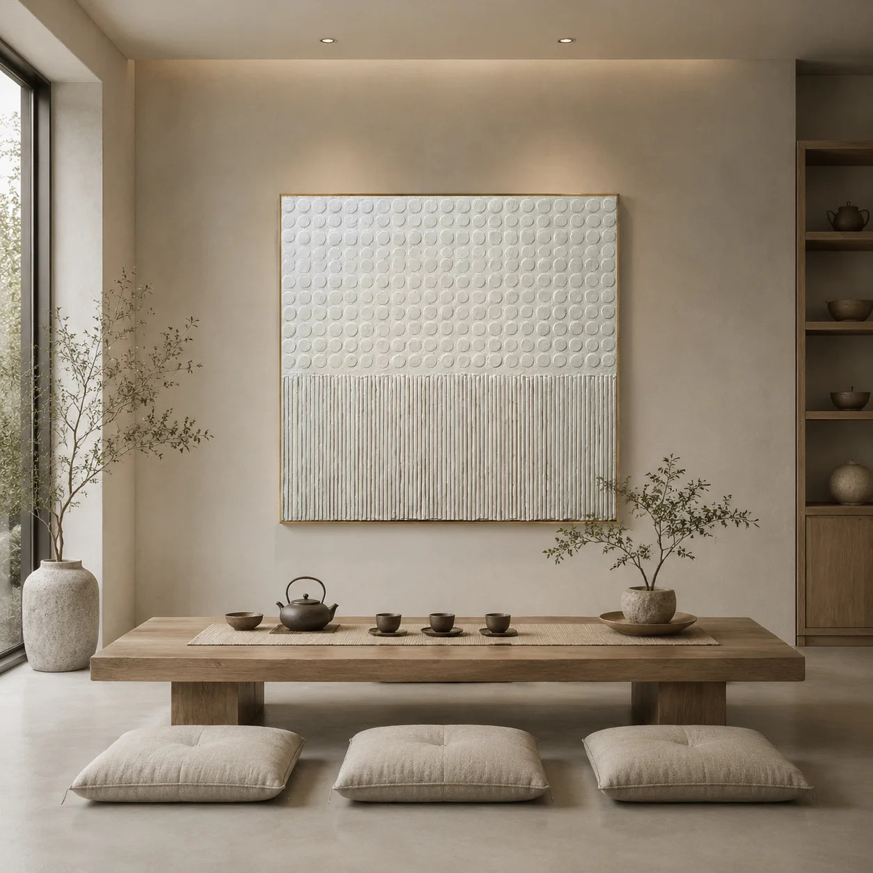 Ownanart Original Hand-Painted Cream White Geometric Textured Oil Painting, Minimalist Raised Dots and Vertical Lines Abstract Wall Art for Modern Home Decor  # OA 1271