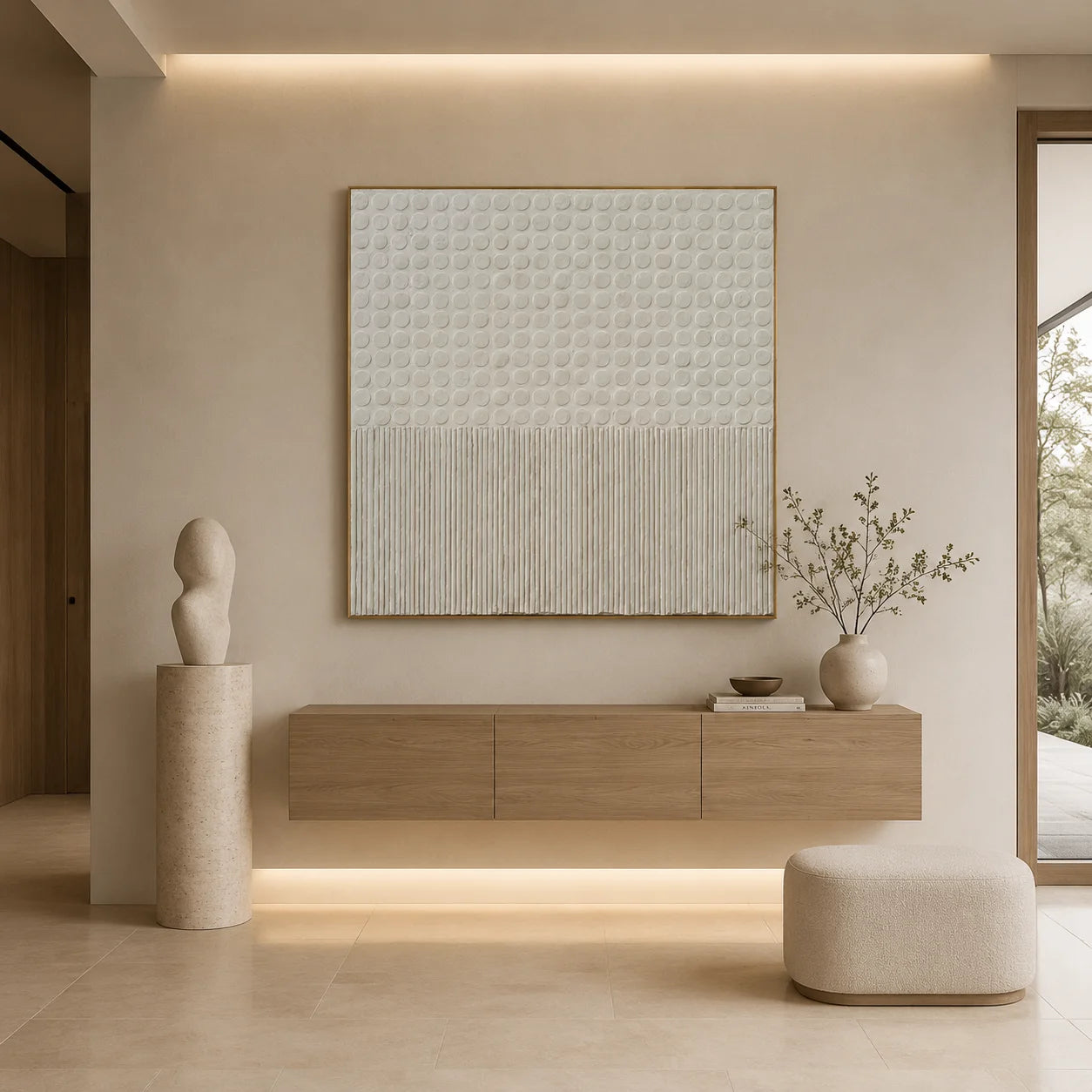 Ownanart Original Hand-Painted Cream White Geometric Textured Oil Painting, Minimalist Raised Dots and Vertical Lines Abstract Wall Art for Modern Home Decor  # OA 1271