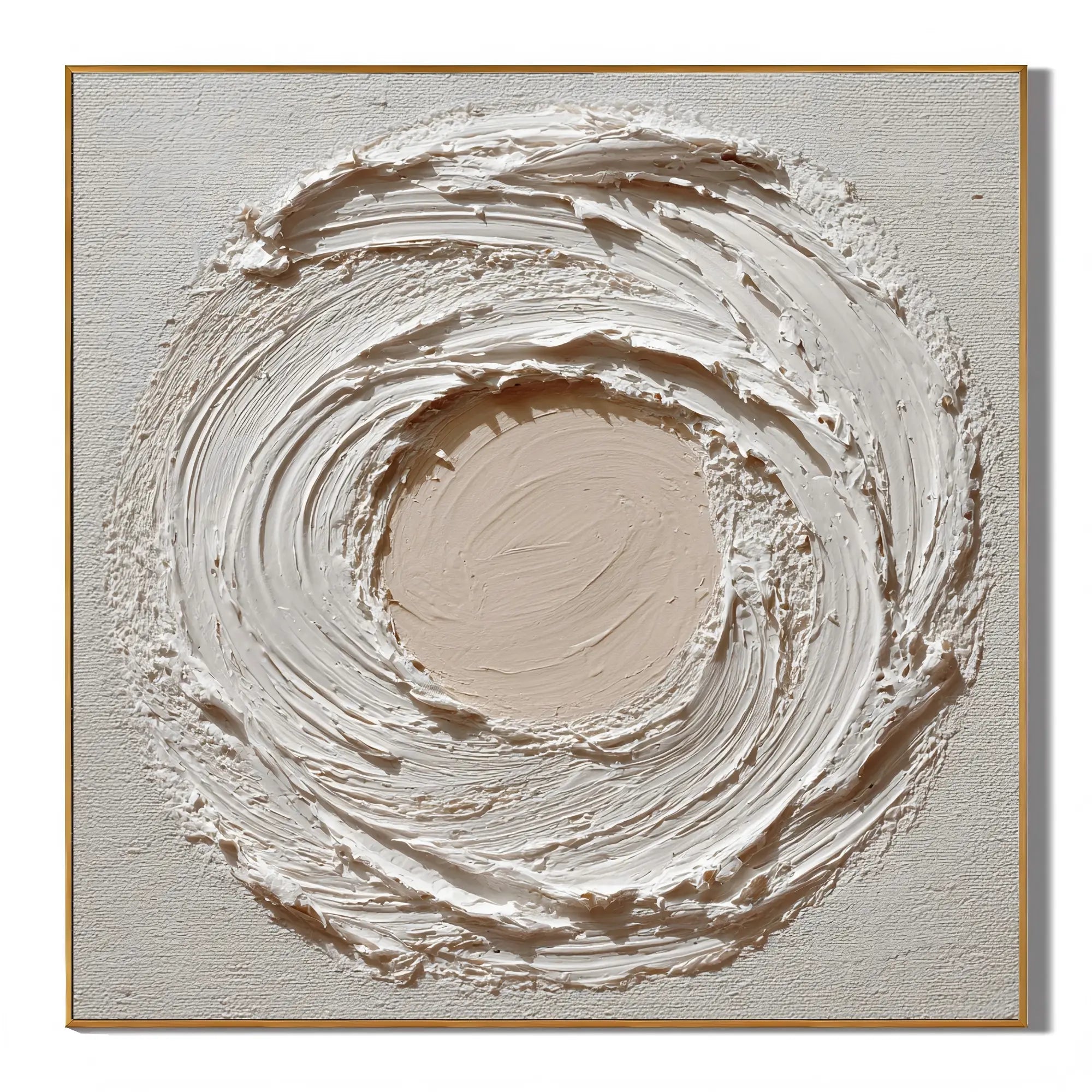 Ownanart Original Hand-Painted Cream White Textured Abstract Oil Painting, Modern Minimalist Circular Swirl Impasto Wall Art for Living Room, Bedroom, and Entryway Decor  # OA 1270