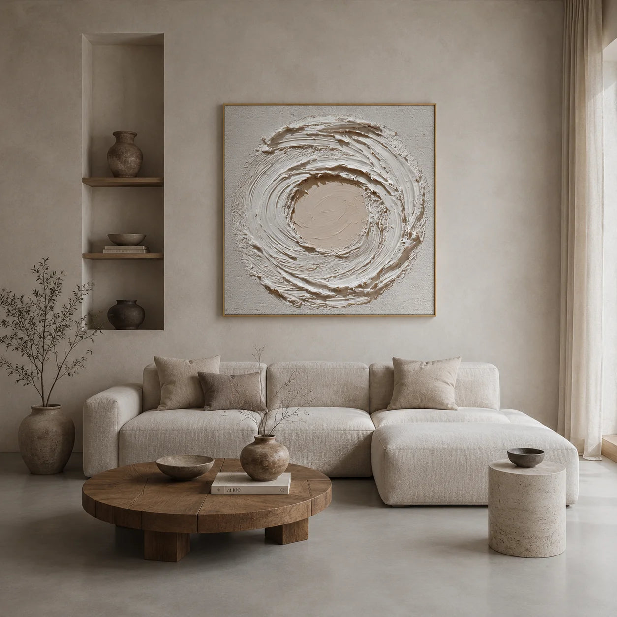Ownanart Original Hand-Painted Cream White Textured Abstract Oil Painting, Modern Minimalist Circular Swirl Impasto Wall Art for Living Room, Bedroom, and Entryway Decor  # OA 1270