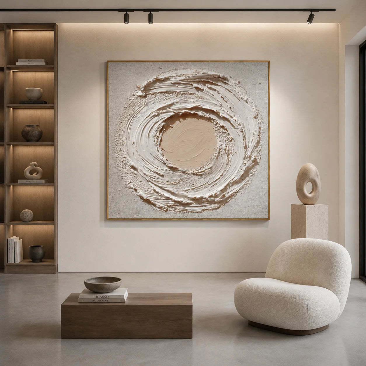 Ownanart Original Hand-Painted Cream White Textured Abstract Oil Painting, Modern Minimalist Circular Swirl Impasto Wall Art for Living Room, Bedroom, and Entryway Decor  # OA 1270