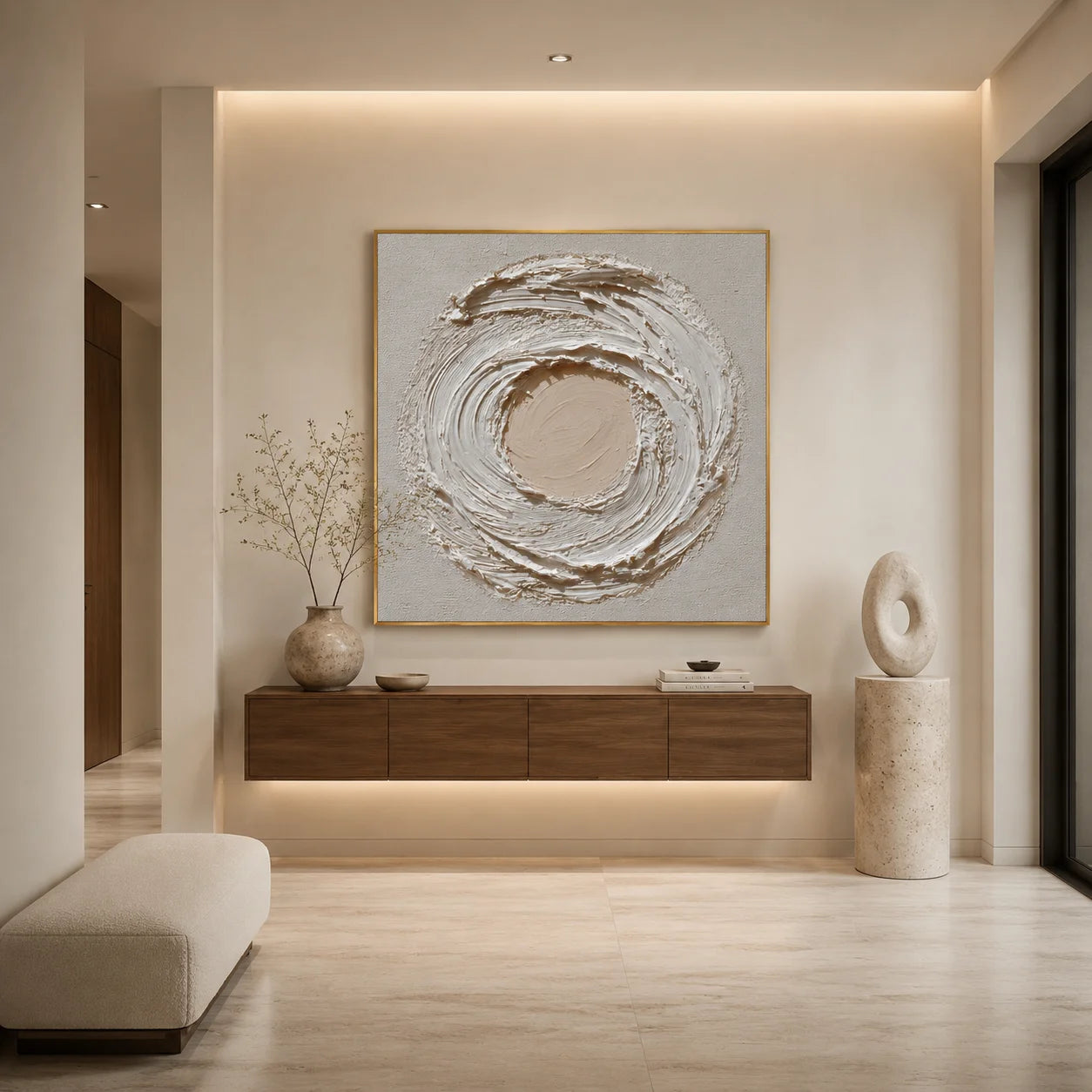 Ownanart Original Hand-Painted Cream White Textured Abstract Oil Painting, Modern Minimalist Circular Swirl Impasto Wall Art for Living Room, Bedroom, and Entryway Decor  # OA 1270