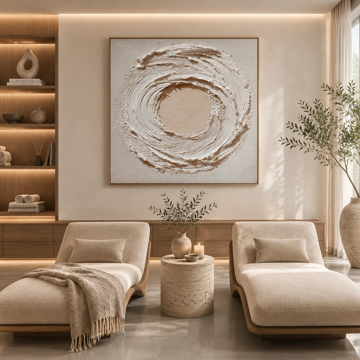 Ownanart Original Hand-Painted Cream White Textured Abstract Oil Painting, Modern Minimalist Circular Swirl Impasto Wall Art for Living Room, Bedroom, and Entryway Decor  # OA 1270