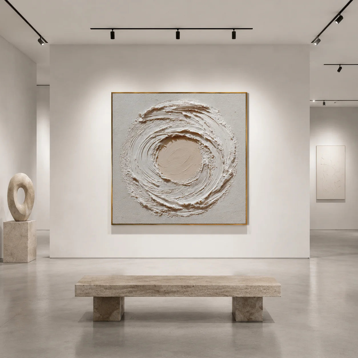 Ownanart Original Hand-Painted Cream White Textured Abstract Oil Painting, Modern Minimalist Circular Swirl Impasto Wall Art for Living Room, Bedroom, and Entryway Decor  # OA 1270