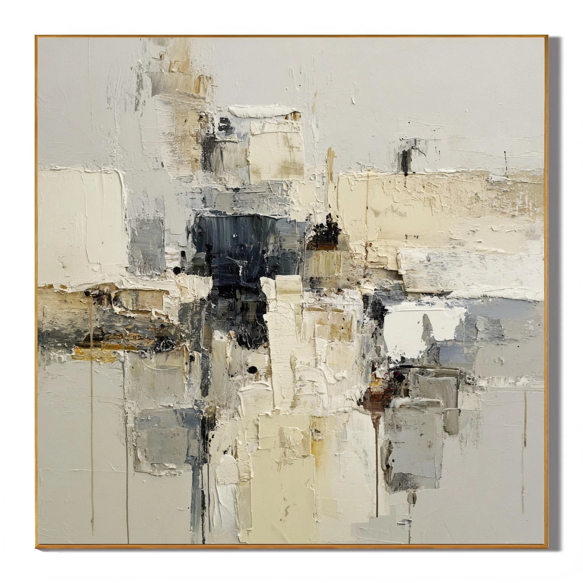 Ownanart Original Hand-Painted Cream White and Gray Abstract Textured Oil Painting, Modern Minimalist Impasto Color Block Wall Art for Living Room, Bedroom and Entryway Decor  # OA 1279