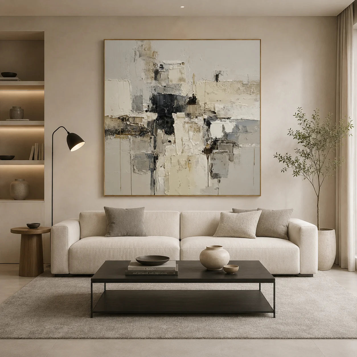Ownanart Original Hand-Painted Cream White and Gray Abstract Textured Oil Painting, Modern Minimalist Impasto Color Block Wall Art for Living Room, Bedroom and Entryway Decor  # OA 1279