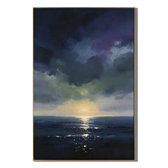 Ownanart Original Hand-Painted Dark Blue Ocean Sunset Oil Painting – Modern Impressionist Seascape Wall Art with Dramatic Clouds & Golden Horizon Light # OA 1336