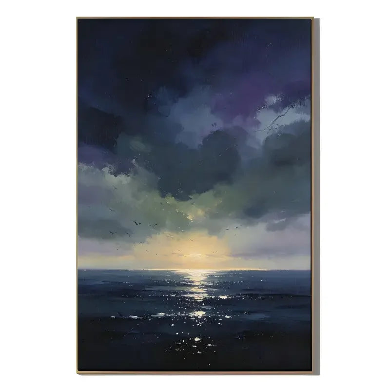 Ownanart Original Hand-Painted Dark Blue Ocean Sunset Oil Painting – Modern Impressionist Seascape Wall Art with Dramatic Clouds & Golden Horizon Light # OA 1336