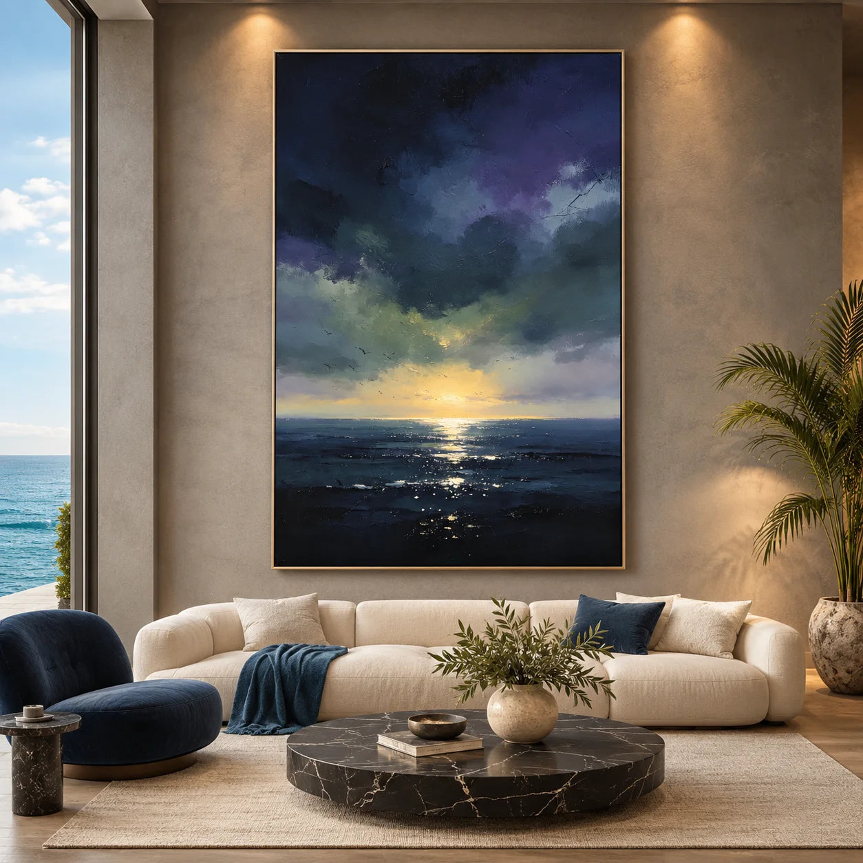 Ownanart Original Hand-Painted Dark Blue Ocean Sunset Oil Painting – Modern Impressionist Seascape Wall Art with Dramatic Clouds & Golden Horizon Light # OA 1336
