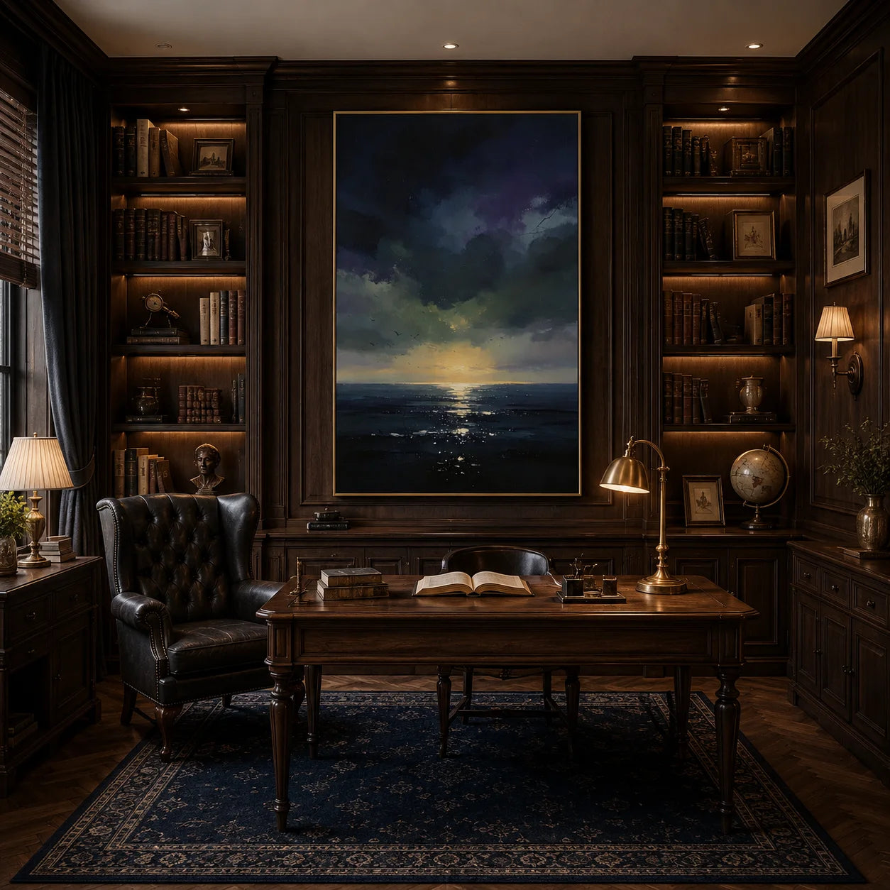 Ownanart Original Hand-Painted Dark Blue Ocean Sunset Oil Painting – Modern Impressionist Seascape Wall Art with Dramatic Clouds & Golden Horizon Light # OA 1336