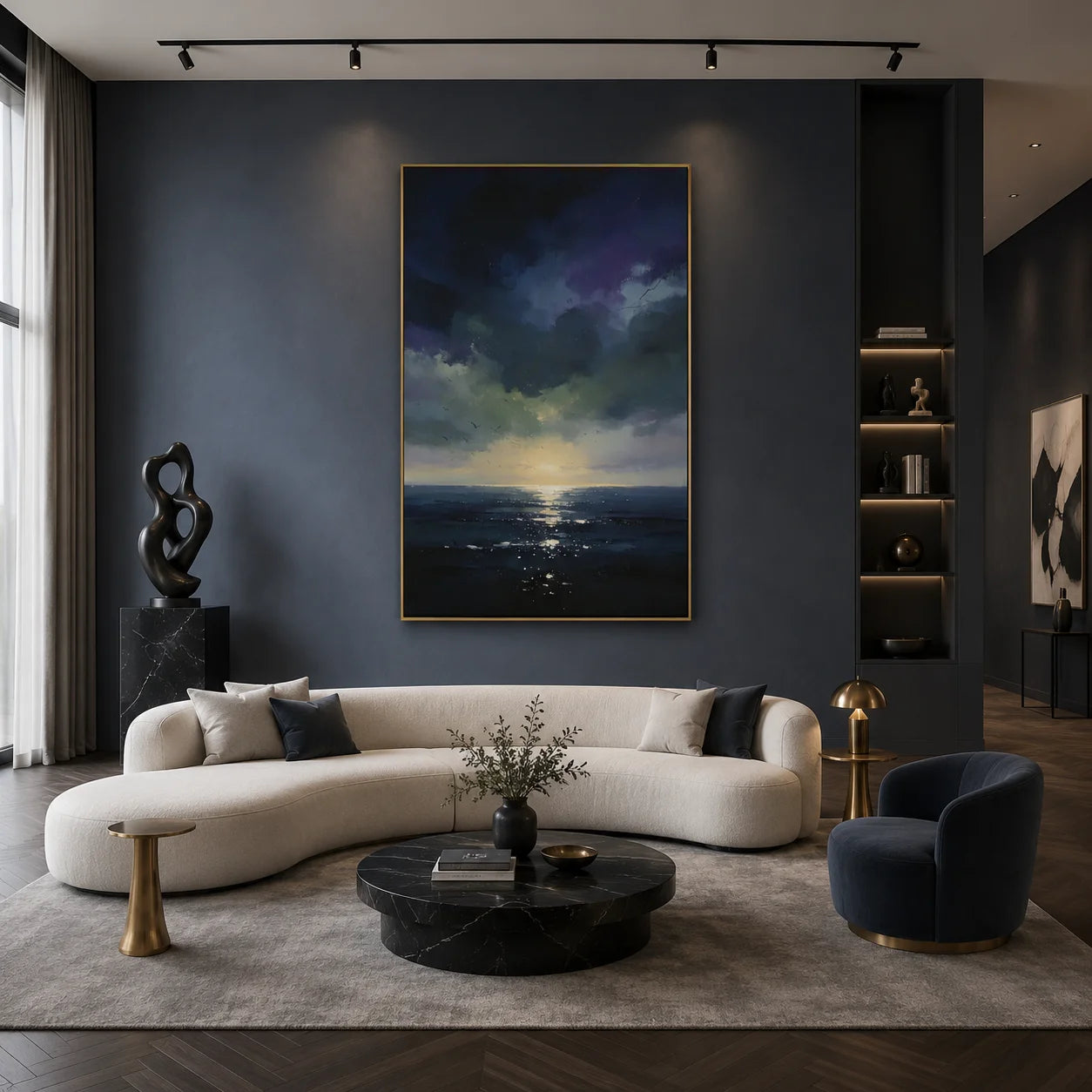 Ownanart Original Hand-Painted Dark Blue Ocean Sunset Oil Painting – Modern Impressionist Seascape Wall Art with Dramatic Clouds & Golden Horizon Light # OA 1336