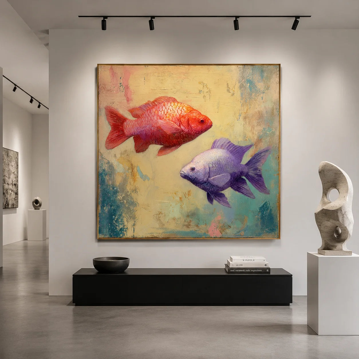 Ownanart Original Hand-Painted Double Fish Oil Painting, Red Koi and Purple Goldfish Modern Abstract Wall Art for Living Room, Bedroom, and Kids Room Decor # OA 1257