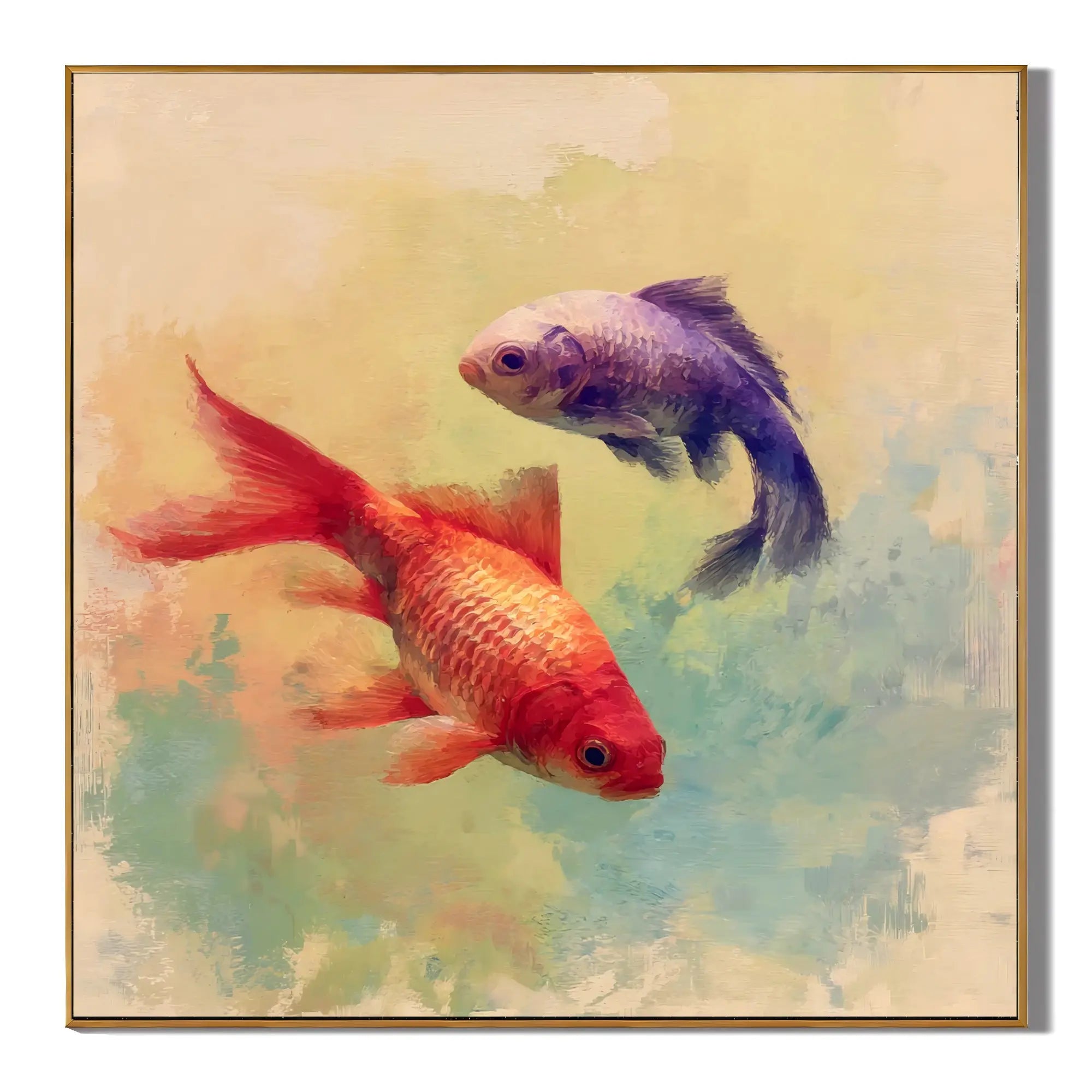 Ownanart Original Hand-Painted Double Fish Oil Painting, Red Koi and Purple Goldfish Wall Art with Dreamy Watercolor Background for Modern Home Decor # OA 1256