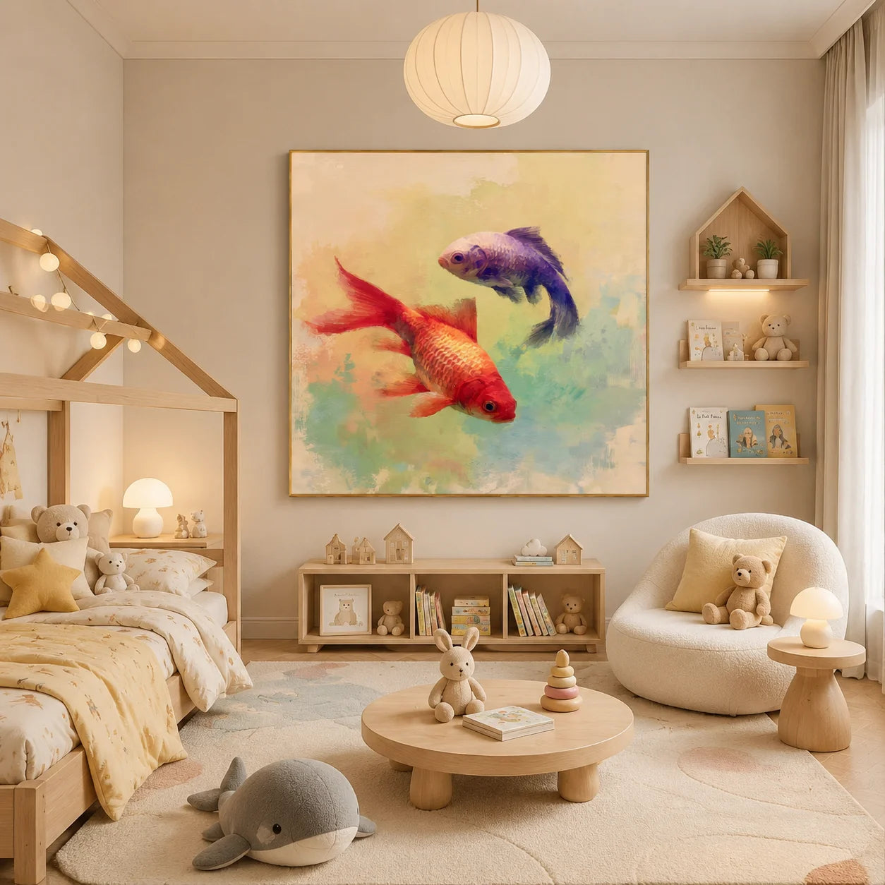 Ownanart Original Hand-Painted Double Fish Oil Painting, Red Koi and Purple Goldfish Wall Art with Dreamy Watercolor Background for Modern Home Decor # OA 1256