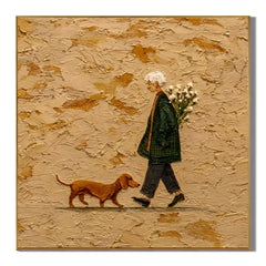 Ownanart Original Hand-Painted Elderly Woman Walking a Dachshund Oil Painting, Neutral Textured Figurative Wall Art with Flowers for Living Room, Entryway and Bedroom Decor  # OA 1285