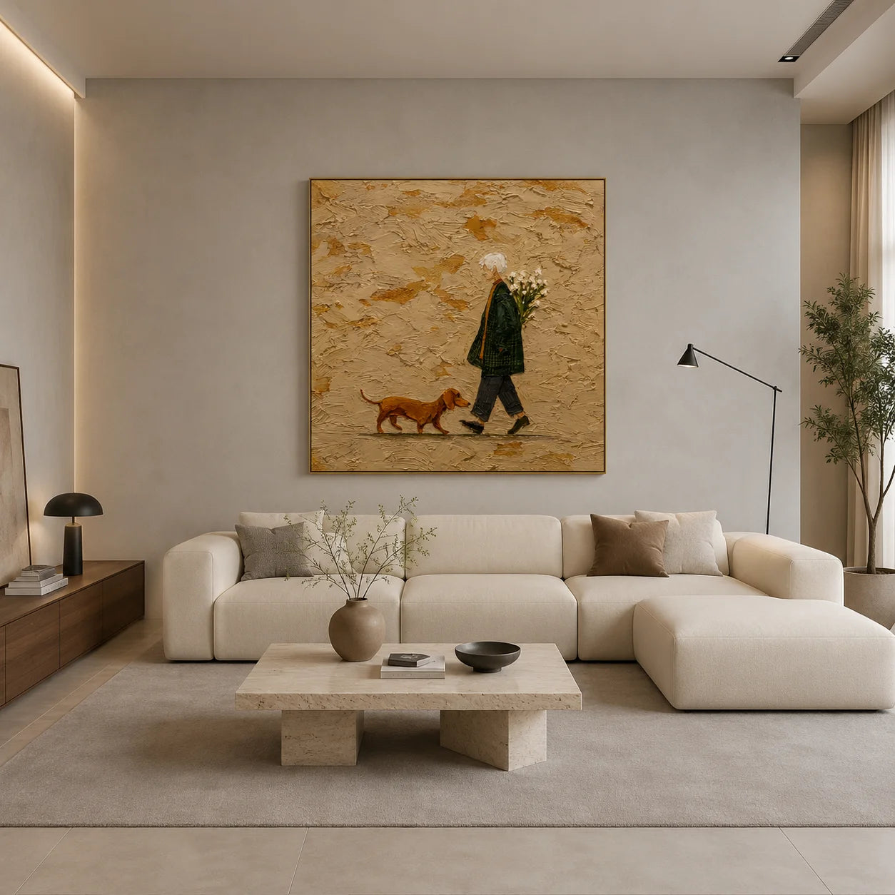 Ownanart Original Hand-Painted Elderly Woman Walking a Dachshund Oil Painting, Neutral Textured Figurative Wall Art with Flowers for Living Room, Entryway and Bedroom Decor  # OA 1285