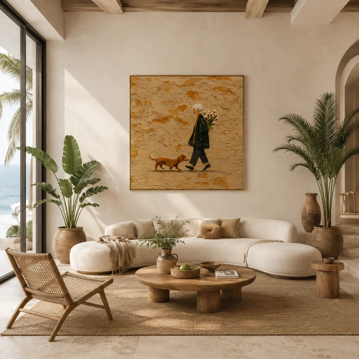 Ownanart Original Hand-Painted Elderly Woman Walking a Dachshund Oil Painting, Neutral Textured Figurative Wall Art with Flowers for Living Room, Entryway and Bedroom Decor  # OA 1285
