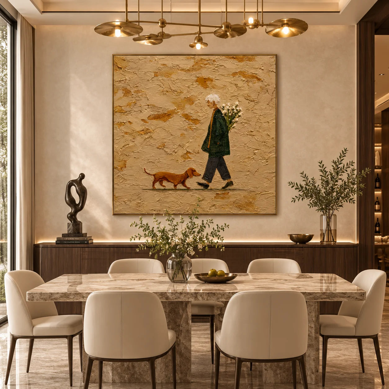 Ownanart Original Hand-Painted Elderly Woman Walking a Dachshund Oil Painting, Neutral Textured Figurative Wall Art with Flowers for Living Room, Entryway and Bedroom Decor  # OA 1285