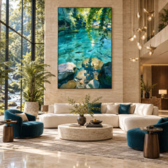 Emerald Forest Pond Oil Painting – Turquoise Water, Fish & Sunlit Trees | Textured Landscape Wall Art #OA 1374
