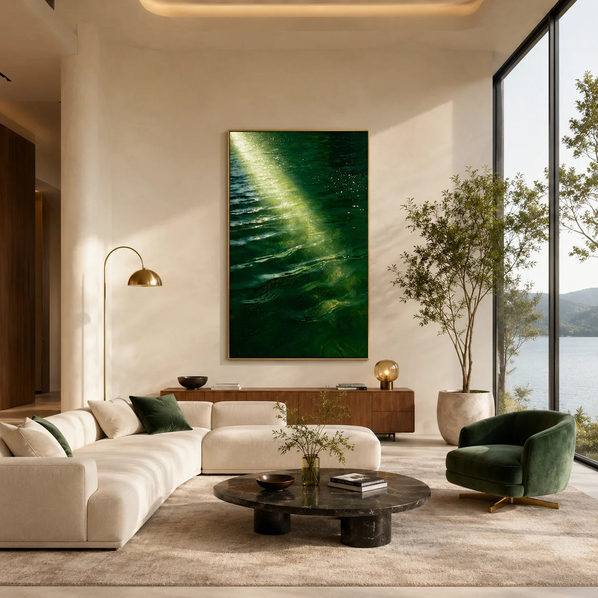 Ownanart Original Hand-Painted Emerald Green Ocean Oil Painting, Sunlight on Water and Shimmering Waves Canvas Wall Art for Modern Living Room, Bedroom and Luxury Home Decor # OA 1360